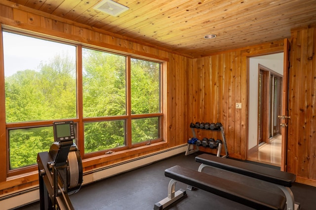 25 Benson Fuller Rd, Winhall, VT 05340 - exercise area featuring a baseboard heating unit, wooden walls, and wood ceiling
