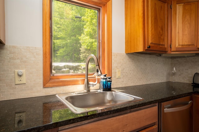 25 Benson Fuller Rd, Winhall, VT 05340 - kitchen with dishwasher, tasteful backsplash, brown cabinets, and dark stone countertops