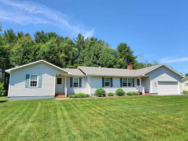 381 Cross Ave Unit 9, 10, Saint Johnsbury, VT 05819 - ranch-style house with an attached garage, a front lawn, a chimney, and roof with shingles