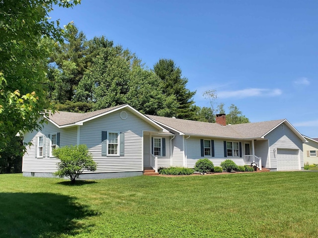 381 Cross Ave Unit 9, 10, Saint Johnsbury, VT 05819 - ranch-style house with an attached garage, a front yard, a chimney, and roof with shingles