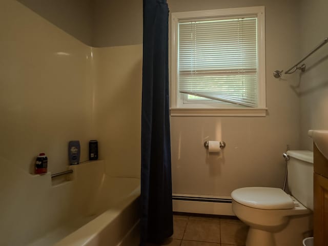 1 Wyeth Farm Cir, Lebanon, NH 03784 - full bathroom with a baseboard heating unit, tile patterned floors, shower / tub combo with curtain, and vanity