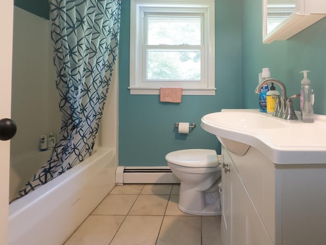 1 Wyeth Farm Cir, Lebanon, NH 03784 - bathroom featuring baseboard heating, vanity, tile patterned floors, and shower / bathtub combination with curtain