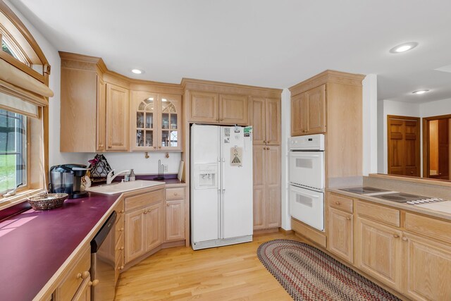 490 W Hill Rd, Ludlow, VT 05149 - kitchen featuring white appliances, light brown cabinets, light wood-type flooring, recessed lighting, and glass insert cabinets