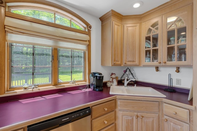490 W Hill Rd, Ludlow, VT 05149 - kitchen featuring dishwasher, light brown cabinetry, and glass insert cabinets