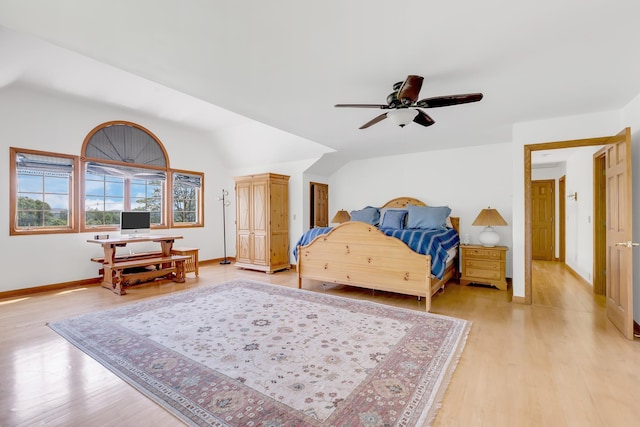 490 W Hill Rd, Ludlow, VT 05149 - bedroom featuring light wood-style flooring, vaulted ceiling, and ceiling fan