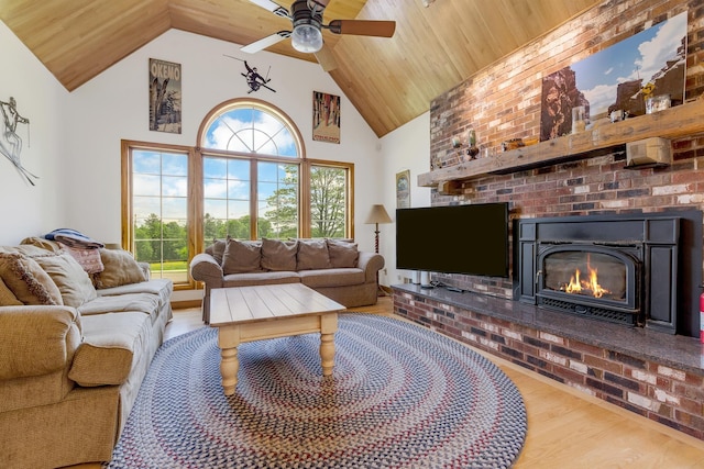 490 W Hill Rd, Ludlow, VT 05149 - living room with wood finished floors, a fireplace, a ceiling fan, high vaulted ceiling, and wood ceiling