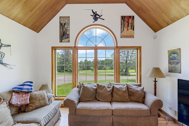 490 W Hill Rd, Ludlow, VT 05149 - living area featuring high vaulted ceiling, light wood-style floors, healthy amount of natural light, and wooden ceiling