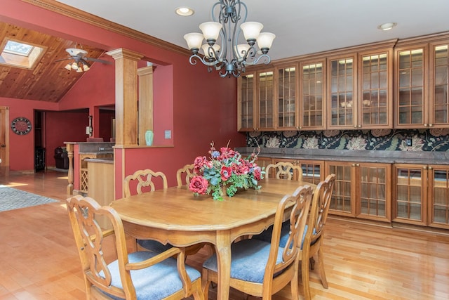 3 Mooreland Ave, Concord, NH 03301 - dining space featuring a skylight, light wood-type flooring, a chandelier, recessed lighting, and lofted ceiling