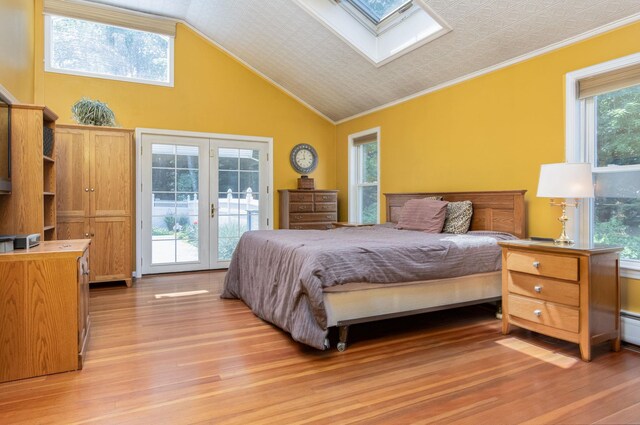 3 Mooreland Ave, Concord, NH 03301 - bedroom with crown molding, a skylight, access to outside, light wood finished floors, and lofted ceiling