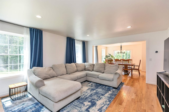 116 Sullivan Center Rd, Gilsum, NH 03448 - living area featuring a chandelier, plenty of natural light, light wood-style floors, and recessed lighting