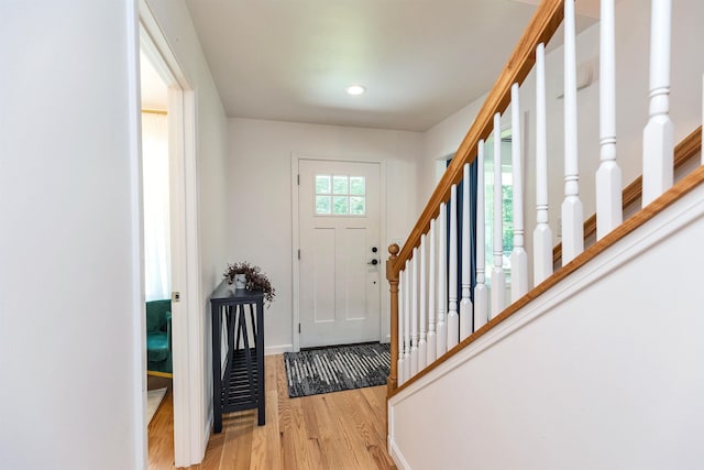 116 Sullivan Center Rd, Gilsum, NH 03448 - entryway with light wood-style flooring, stairs, and recessed lighting