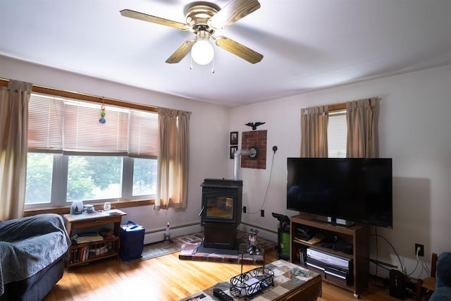 1061 Suncook Valley Rd, Barnstead, NH 03225 - living area with baseboard heating, a wood stove, ceiling fan, and wood finished floors