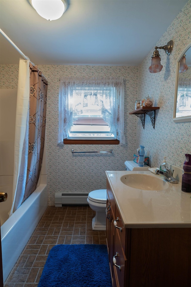1061 Suncook Valley Rd, Barnstead, NH 03225 - bathroom featuring a baseboard radiator, brick patterned floors, vanity, shower / bath combo with shower curtain, and wallpapered walls