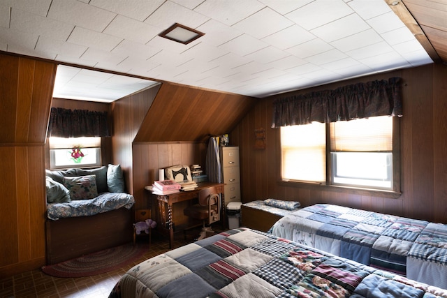 1061 Suncook Valley Rd, Barnstead, NH 03225 - bedroom featuring wood walls, lofted ceiling, multiple windows, and brick patterned floors