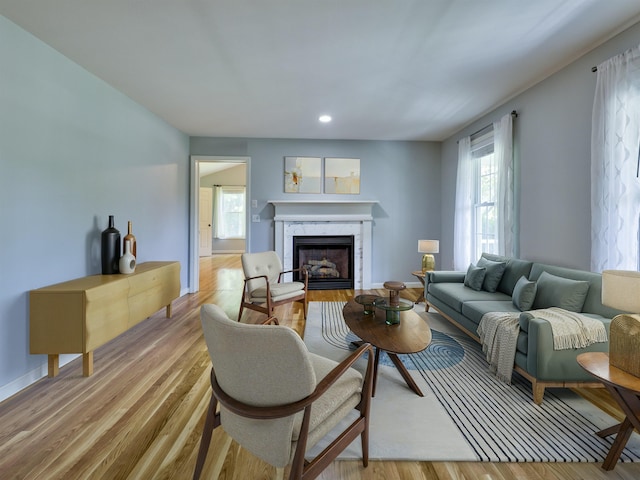 8 Sycamore Ct, Amherst, NH 03031 - living area with a fireplace, light wood-style floors, and recessed lighting