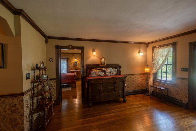 185 Huntress Bridge Rd, Effingham, NH 03882 - living area with a wainscoted wall, wood finished floors, ornamental molding, and wallpapered walls