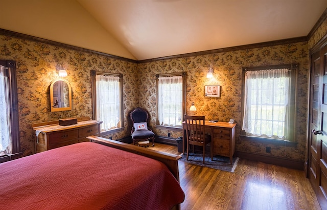 185 Huntress Bridge Rd, Effingham, NH 03882 - bedroom with lofted ceiling, wood finished floors, wallpapered walls, and ornamental molding