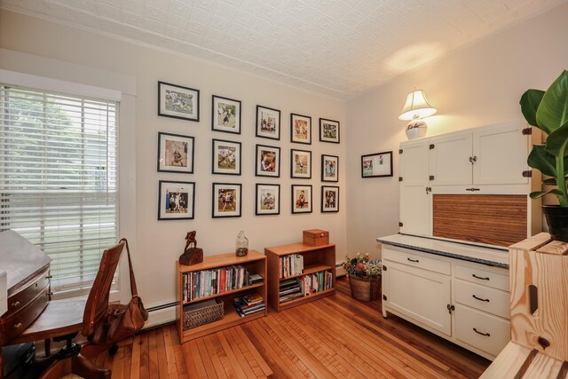 42 Lyndon St, Concord, NH 03301 - office with light wood finished floors, a baseboard radiator, crown molding, an ornate ceiling, and baseboard heating