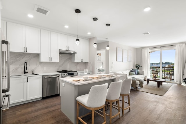18 Artisan Dr Unit 416, Salem, NH 03079 - kitchen with appliances with stainless steel finishes, under cabinet range hood, decorative backsplash, light countertops, and a center island