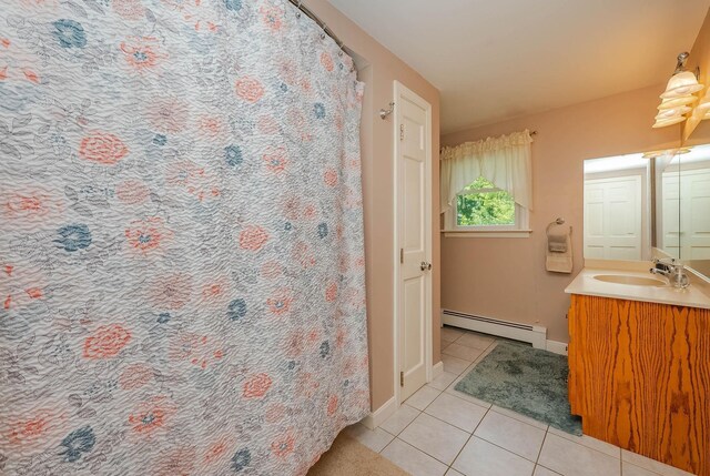 15B Vine St, South Berwick, ME 03908 - full bathroom featuring baseboard heating, tile patterned floors, vanity, and a shower with curtain
