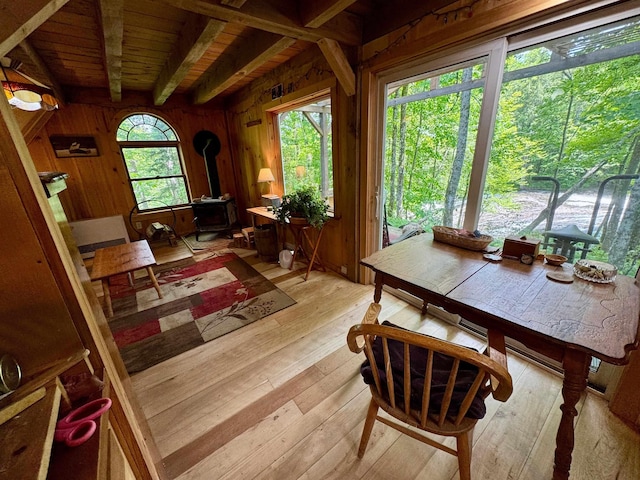 14 Threshold Way, Corinth, VT 05040 - dining space featuring a wood stove, wooden walls, a wood ceiling with exposed beams, and light wood finished floors