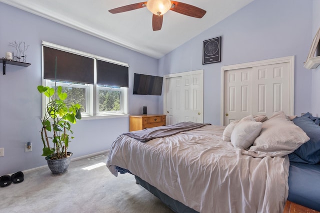 13 Rangers Dr Unit B, Hudson, NH 03051 - bedroom with multiple closets, carpet floors, ceiling fan, and high vaulted ceiling