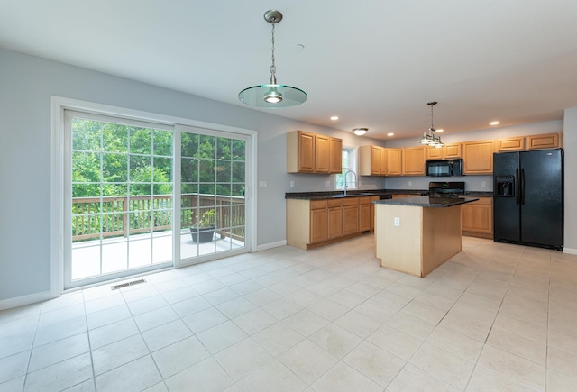70B Shadowbrook Dr Unit 70B, Hudson, NH 03051 - kitchen featuring black appliances, a kitchen island, pendant lighting, light tile patterned floors, and recessed lighting