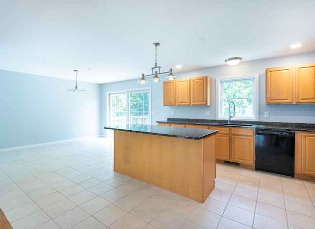 70B Shadowbrook Dr Unit 70B, Hudson, NH 03051 - kitchen featuring black dishwasher, healthy amount of natural light, a center island, decorative light fixtures, and recessed lighting