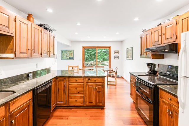 49 Longwood Dr, Grantham, NH 03753 - kitchen with black appliances, under cabinet range hood, light wood-style floors, a peninsula, and dark stone countertops