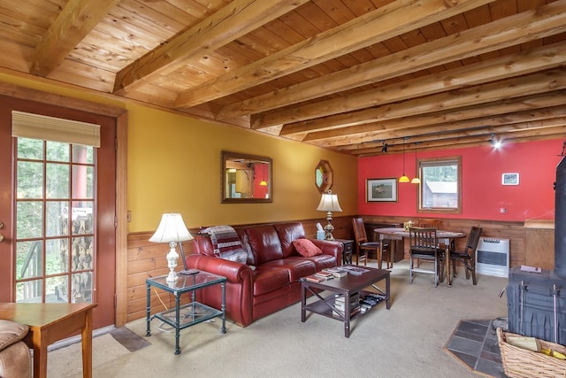 329 Forest Acres Rd, New London, NH 03257 - carpeted living room with a wood stove, a wooden ceiling with exposed beams, a wainscoted wall, and wooden walls