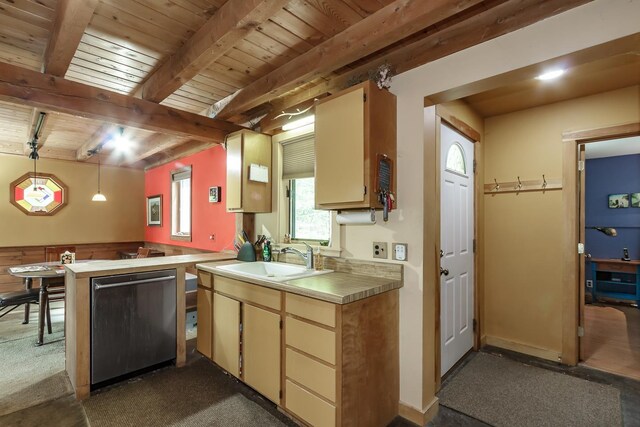 329 Forest Acres Rd, New London, NH 03257 - kitchen featuring stainless steel dishwasher, a wood ceiling with exposed beams, light countertops, a peninsula, and decorative light fixtures