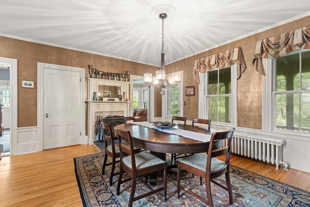 223 Atlantic Ave, North Hampton, NH 03862 - dining space featuring a chandelier, light wood-style floors, a fireplace, ornamental molding, and a wainscoted wall