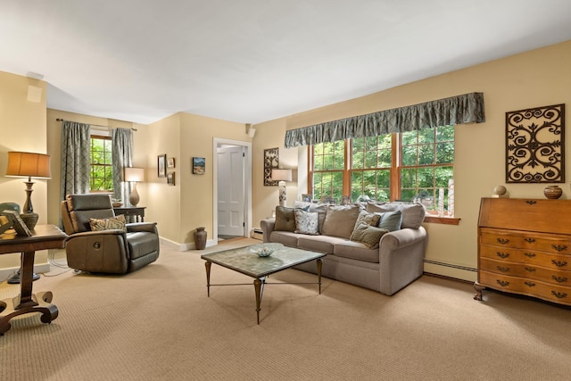 223 Atlantic Ave, North Hampton, NH 03862 - living room with carpet, baseboard heating, and a baseboard radiator