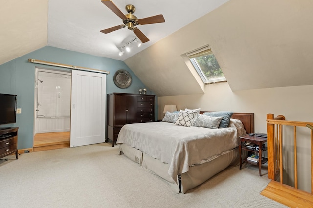 223 Atlantic Ave, North Hampton, NH 03862 - bedroom featuring vaulted ceiling, carpet, a ceiling fan, and a skylight