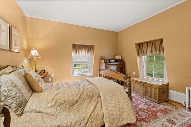223 Atlantic Ave, North Hampton, NH 03862 - bedroom featuring multiple windows, radiator, crown molding, and wood finished floors
