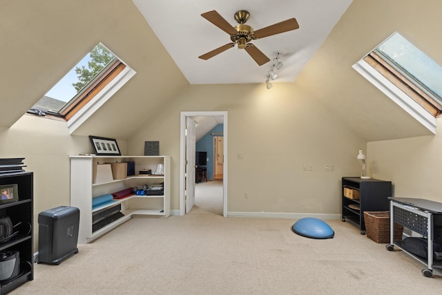 223 Atlantic Ave, North Hampton, NH 03862 - bonus room featuring a skylight, carpet floors, lofted ceiling, and a ceiling fan