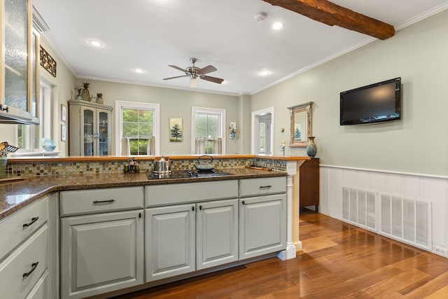 223 Atlantic Ave, North Hampton, NH 03862 - kitchen with ceiling fan, dark wood-style floors, ornamental molding, a wainscoted wall, and recessed lighting
