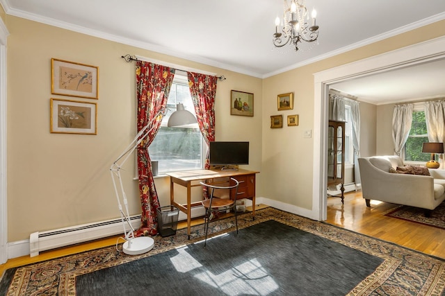 96 Madbury Rd, Durham, NH 03824 - office space with a baseboard radiator, wood finished floors, crown molding, and a chandelier