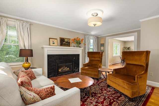 96 Madbury Rd, Durham, NH 03824 - living room featuring ornamental molding, a baseboard radiator, a fireplace, and wood finished floors
