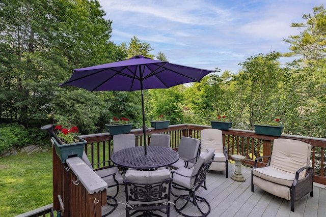 96 Madbury Rd, Durham, NH 03824 - wooden deck with outdoor dining space and a yard