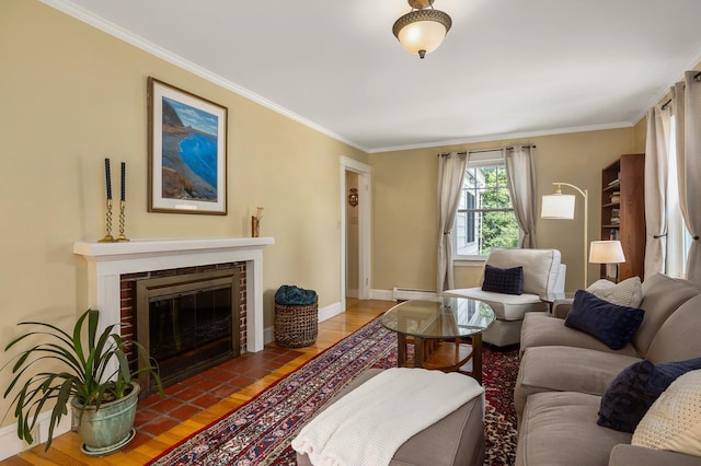 96 Madbury Rd, Durham, NH 03824 - living room with wood finished floors, crown molding, a brick fireplace, and a baseboard radiator