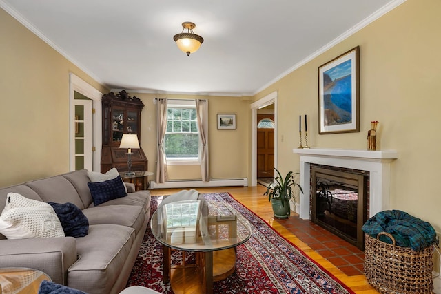 96 Madbury Rd, Durham, NH 03824 - living room with a baseboard heating unit, ornamental molding, and a fireplace with flush hearth