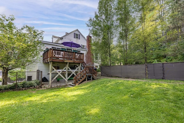 96 Madbury Rd, Durham, NH 03824 - back of house with a wooden deck, stairway, a gate, and a chimney
