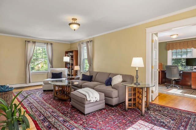 96 Madbury Rd, Durham, NH 03824 - living room featuring a baseboard radiator, wood finished floors, an office area, and ornamental molding