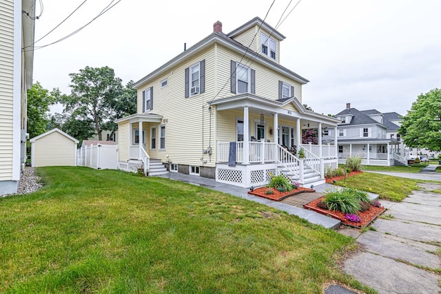 1076 Merrill St, Manchester, NH 03103 - traditional style home featuring a porch, a front yard, and a chimney