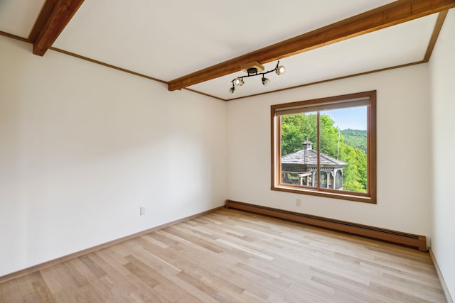 2208-2432 Backway Rd, Corinth, VT 05039 - unfurnished room with a baseboard heating unit, light wood finished floors, and beamed ceiling