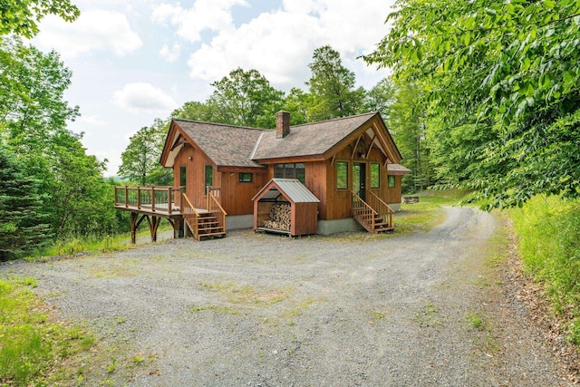 2208-2432 Backway Rd, Corinth, VT 05039 - chalet / cabin featuring a wooden deck, gravel driveway, a chimney, roof with shingles, and stairway