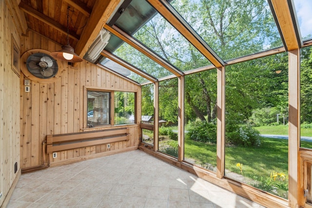 2208-2432 Backway Rd, Corinth, VT 05039 - unfurnished sunroom with a baseboard radiator, lofted ceiling, and ceiling fan