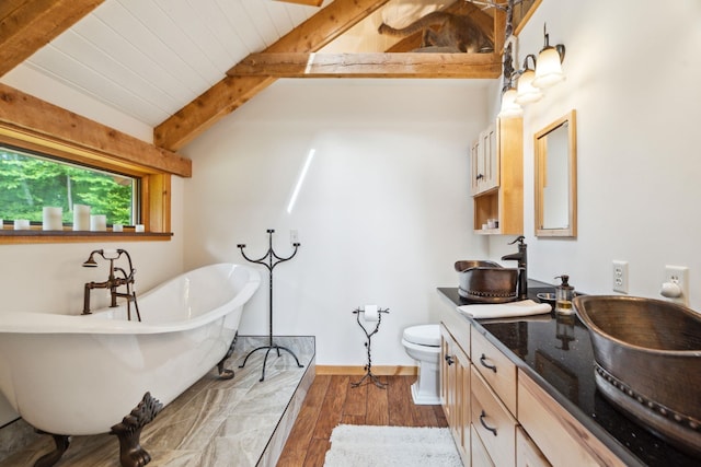 2208-2432 Backway Rd, Corinth, VT 05039 - bathroom with a soaking tub, wood-type flooring, vanity, and wooden ceiling