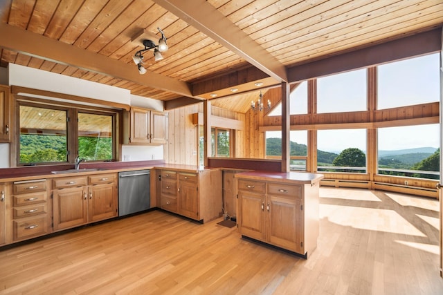 2208-2432 Backway Rd, Corinth, VT 05039 - kitchen featuring stainless steel dishwasher, a wood ceiling with exposed beams, plenty of natural light, light wood-style floors, and a peninsula